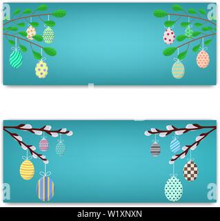 Template of Easter Discount, Brochure, Postcard, Flyer with Space for Text. Greeting or Invitation with Green Branches and Willow Twigs. Hanging Eggs. Stock Vector