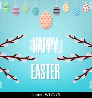 Easter Card. Happy Easter Inscription on Blue Background. Different Hanging Easter Eggs. Willow Branches. Vector illustration for Your Design, Web. Stock Vector