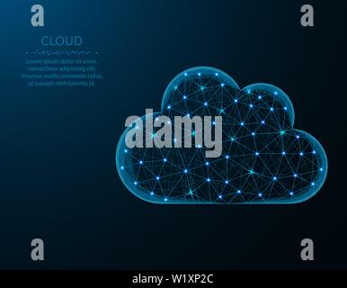 Cloud low poly design, weather in polygonal style, cloud server vector illustration on blue background Stock Vector