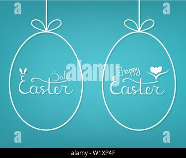 Vector Template of Hanging Egg Form with Lettering Easter Sale and Happy Easter on blue background. For Easter Sale Banner, Flyer, Brochure, Postcard. Stock Vector