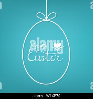 Vector Template of Hanging Egg Form with Lettering Happy Easter on blue background. For Easter Banner, Poster, Flyer, Brochure, Postcard. Vector illus Stock Vector