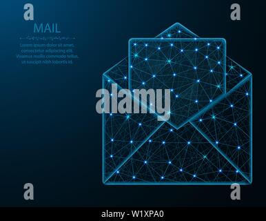 Mail low poly design, letter in polygonal style, postal envelope vector illustration on blue background Stock Vector