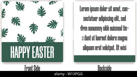 Easter Postcard. Greeting or Invitation with Green Monstera Leaves. Front Side and Backside of Postcard. Vector illustration for Your Design, Web, Pri Stock Vector