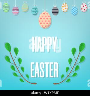 Happy Easter on Blue Background. Different Hanging Easter Eggs. Green Branches. Vector illustration for Your Design, Web. Stock Vector