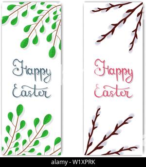 Easter Postcard. Calligraphy Lettering Happy Easter Inscription. Greeting or Invitation with Green Branches and Willow Twigs. Vector illustration for Stock Vector