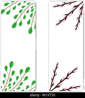 Template of Flyer, Brochure, Postcard, Discount with Space for Text. Greeting or Invitation with Green Branches and Willow Twigs. Vector illustration Stock Vector