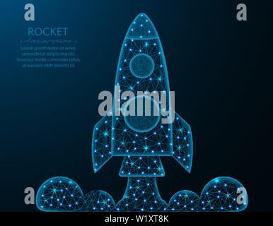 Low poly rocket design, shuttle launch in polygonal style, space ship vector illustration on blue background Stock Vector