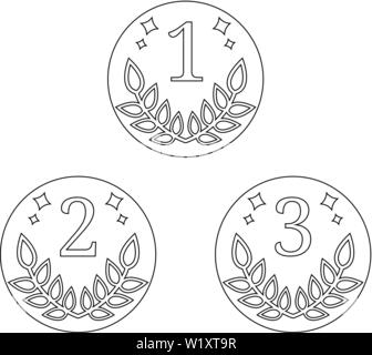 Quality signs. Coin icons isolated on white background. First, second, third places. Line style winner symbol. Clean and modern vector illustration fo Stock Vector