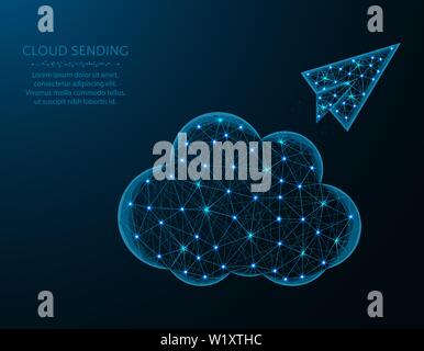 Cloud low poly design, paper airplane in polygonal style, cloud sending vector illustration on blue background Stock Vector