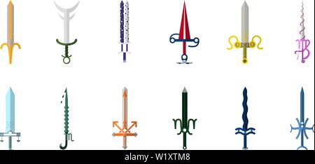 Set of 12 Zodiac Swords isolated on white background. Zodiacal Weapon Collection. Zodiac Sign. Flat Cartoon Zodiacal Weapon. Astrological, Horoscope S Stock Vector