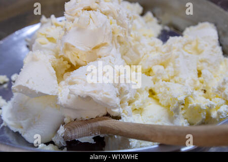 Clotted cream (butter cream) for Turkish breakfast, kaymak Stock Photo