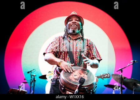 Grugliasco, Italy. 02nd July, 2019. Leon Mobley, percussionist of the Innocent Criminals, performing live on stage together with Ben Harper at the Gruvillage Festival in Grugliasco, near Turin. Credit: Alessandro Bosio/Pacific Press/Alamy Live News Stock Photo