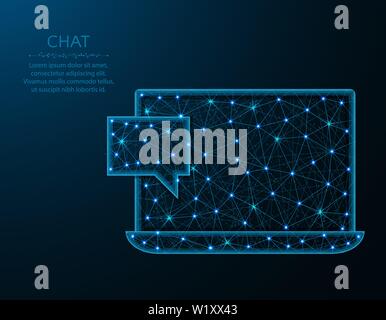 Chat low poly design, Laptop in polygonal style, one new message vector illustration on blue background Stock Vector