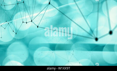 Triangles lines connect the dots, mint green bokeh background, new tech algorithm Stock Photo