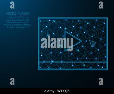 Video player low poly design, play button in polygonal style, multimedia vector illustration on blue background Stock Vector