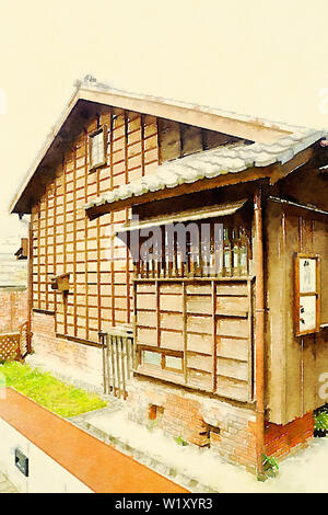 Colorful watercolor hand-painted art illustration : Japanese-style huts / building (High-resolution 2D CG illustration) Stock Photo