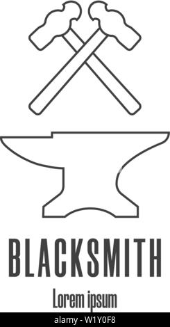 Line style icon of a hammers and anvil. Blacksmith, repair logo. Clean and modern vector illustration. Stock Vector