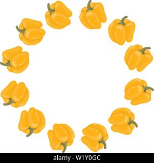 Yellow Bell Pepper Wreath. Fresh Vegetables isolated on white background. Circle Frame from Pepper for Market, Recipe Design. Cartoon Flat Style. Vect Stock Vector