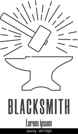 Line style icon of a hammer and anvil. Blacksmith, repair logo. Clean and modern vector illustration. Stock Vector