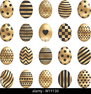 Set of Golden Easter Eggs isolated on white background. Different Colorful Eggs with Stripes, Dots, Hearts and Patterns. Perfect For Greeting Cards, I Stock Vector