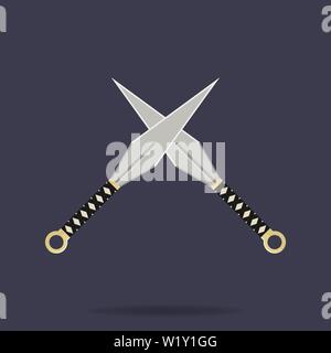 Crossed kunai throwing knives icon. Ninja weapon. Samurai equipment. Cartoon style. Clean and modern vector illustration for design, web. Stock Vector