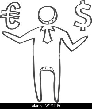 Businessman  holding Euro and Dollar sign. Icon in doodle sketch lines. Stock Vector