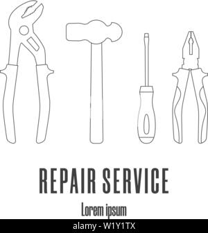 Line style icons of a hammer, screwdriver, pliers. Repair service logo. Clean and modern vector illustration. Stock Vector