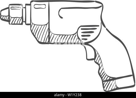 Electric drill icon in doodle sketch lines. Machine carpenter tool equipment wood working Stock Vector