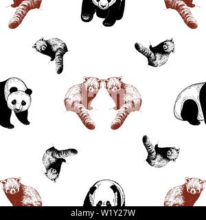 Seamless pattern of hand drawn sketch style pandas isolated on white background. Vector illustration. Stock Vector
