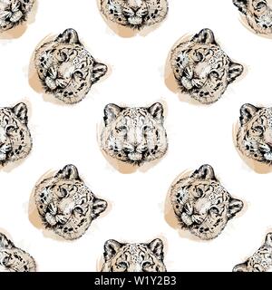 Seamless pattern of hand drawn sketch style portraits of snow leopard isolated on white background. Vector illustration. Stock Vector