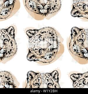 Seamless pattern of hand drawn sketch style portraits of snow leopard isolated on white background. Vector illustration. Stock Vector
