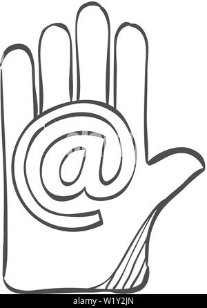 Hand with email icon in doodle sketch lines. Contact website communication Stock Vector