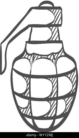 Grenade icon in doodle sketch lines. Military army explosive fragmented attack throw Stock Vector