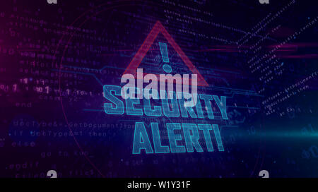 Security alert hologram intro on dynamic background. Modern and futuristic concept of cyber attack, computer security, warning sign and digital protec Stock Photo