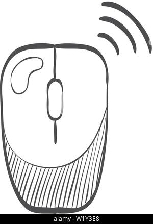 Computer mouse icon in doodle sketch lines. Wireless Bluetooth connection Stock Vector