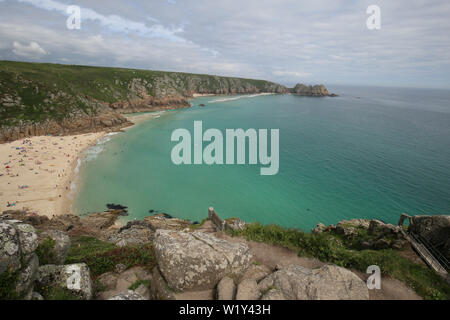 Porthcurno beach from Minack looking out to sea Stock Photo