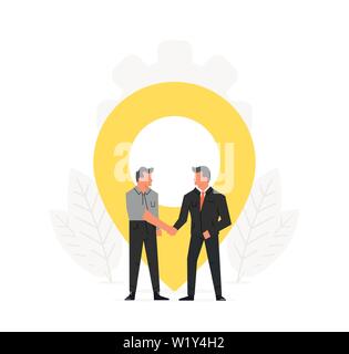Businessmen make a contract before map pointer. Navigation, delivery, office location concept. Meeting place illustration design Stock Vector