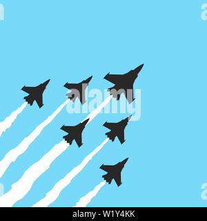 Military fighter jets on a blue background. Vector airplane show banner Stock Vector