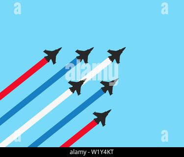 Military fighter jets with trails on a blue background. Vector airplane show illustration Stock Vector
