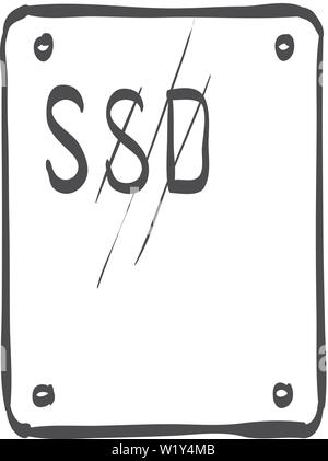 Solid state drive icon in doodle sketch lines. Computer storage SSD Stock Vector
