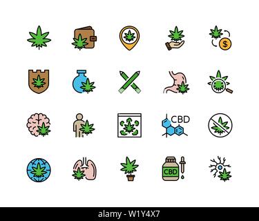 Set of cannabidiol flat color line icons. CBD, cannabis, marijuana oil, tobacco, hemp flower buds, treatment, weed and more. Stock Vector