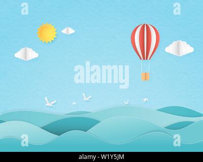 Illustration of travel in a vacation time. Origami made red and white hot air balloon flying over seascape with sun and cloud, seagull on blue sky. Pa Stock Vector
