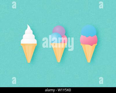 Set of three ice cream cone on green background. Vector illustration. Stock Vector