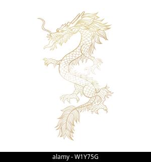 Golden Chinese mythic dragon laser cut file for plotter. Legendary oriental mythological creature on white background. Asian ceremonial serpent in threatening pose. Vertical hand drawn illustration. Stock Vector