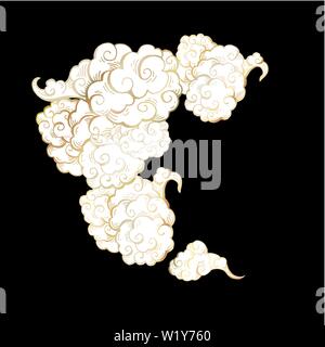 Chinese clouds flat vector illustration. Traditional oriental decorative cloudlets isolated on black background. Stylized asian cloudscape outlined drawing. Poster, greeting card design element Stock Vector