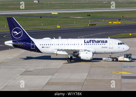 Dusseldorf, Germany – March 24, 2019: Lufthansa Airbus A319 airplane at Dusseldorf Airport (DUS) in Germany. Stock Photo