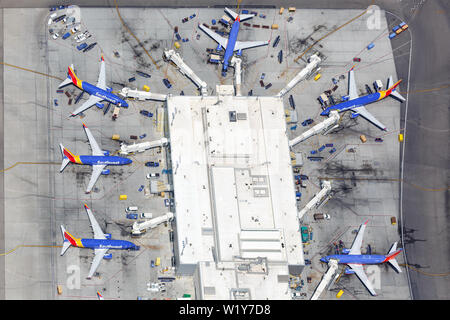 Los Angeles, California – April 14, 2019: Aerial view of Southwest Airlines Boeing 737 airplanes at Los Angeles airport (LAX) in the United States. Stock Photo