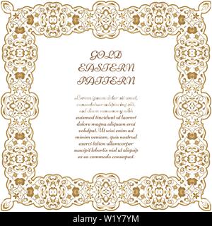 Gold square frame. Ornate vignette for Your design cards, invitations. Element in Arabic style. Vector illustration. Stock Vector