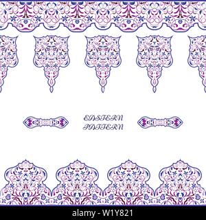 Seamless arabic patterns for border. Repeated oriental motif for fabric or paper design. Violet pattern on a white background. Stock Vector