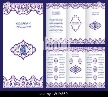 Bright vintage booklet with decorative ornament in Oriental style. Vector template for invitation design, page layouts, brochures, flyers. Purple fram Stock Vector